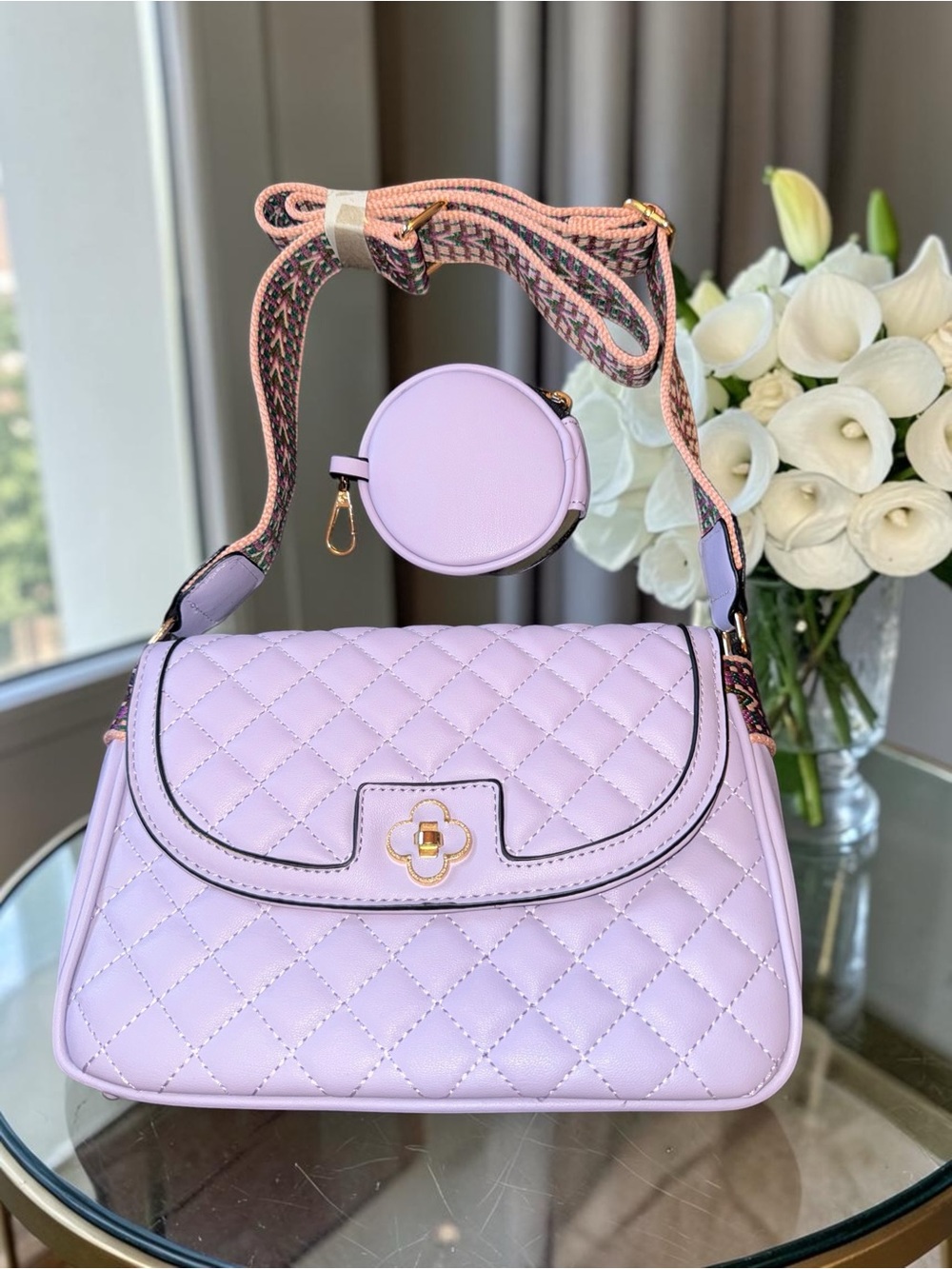 2 Fer Lavender Quilted Women's Crossbody Bag w/Pouch and Guitar Strap